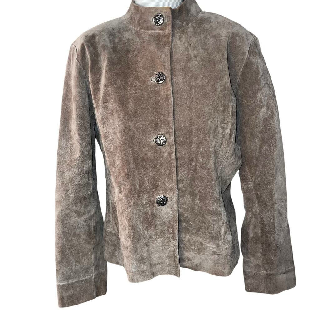 Chico's women's brown/Tan genuine leather suede coat button size Chico 2 (med)